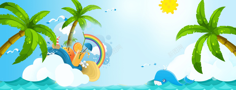 夏日海边度假卡通景色蓝色背景背景