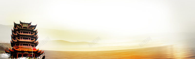 中国风建筑背景jpg设计背景_新图网 https://ixintu.com 中国风 山水 建筑 海报banner 黄色 黄鹤楼