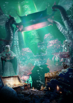 绿色章鱼免抠梦幻海底宫殿绿色背景高清图片