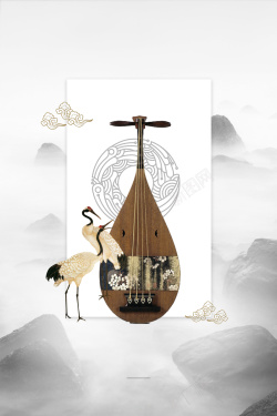 戏曲道具中国风水墨仙鹤琵琶戏曲文化海报背景高清图片