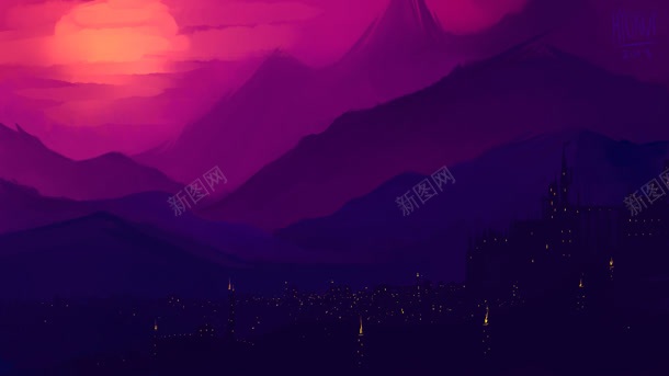 紫色日出水粉画山峰海报背景背景