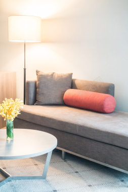 家居沙发抱枕落地灯植物盆栽鲜花桌子温馨背景