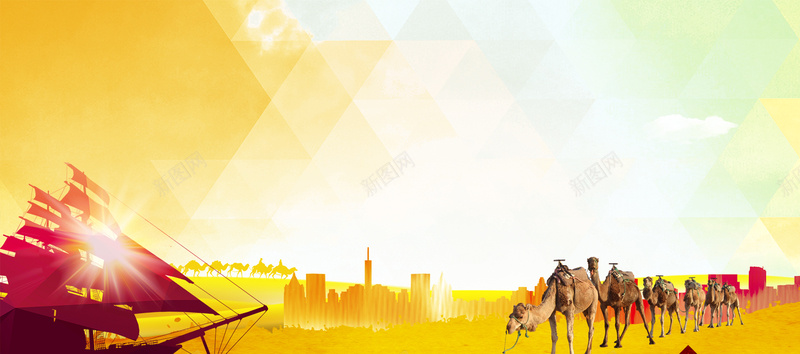 一带一路骆驼大气景色黄色背景背景
