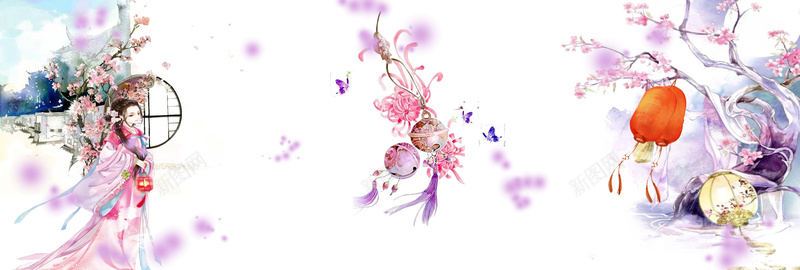 中式传统古代美女蝴蝶灯笼背景背景