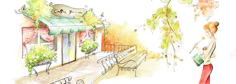 插画背景psd设计背景_新图网 https://ixintu.com 其他 咖啡屋 女孩 海报banner 画画 长椅