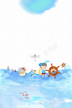 蓝色卡通插画水上乐园游玩海报背景背景