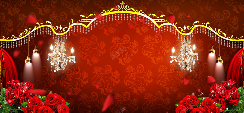 淘宝婚礼喜庆红色激情灯光玫瑰花边框海报背景
