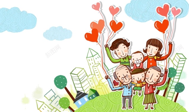 韩式清新幸福家庭一家人爱心气球海报背景矢量图背景