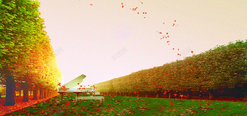 钢琴音符背景矢量素材黄昏草地树林天空背景摄影图片