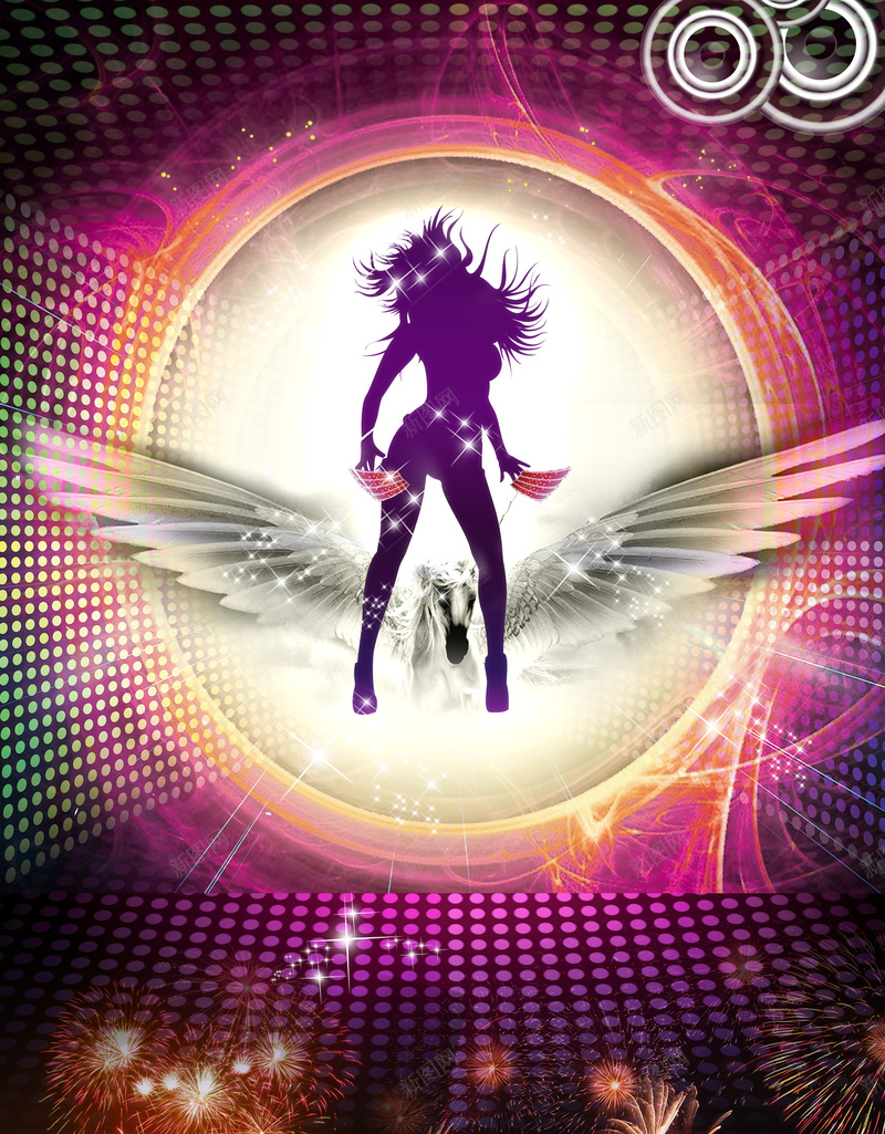 酒吧跨年电子音乐节宣传海报psd设计背景_新图网 https://ixintu.com 光丝 天使的翅膀 焰火 电子音乐节 跳舞的美女 酒吧
