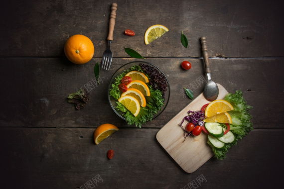 厨房美食蔬菜瓜果水果橙黄瓜刀叉勺子砧板背景