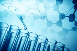 蓝色药剂透明试管和蓝色分子机构背景高清图片