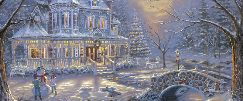 油画树林雪景圣诞城堡背景