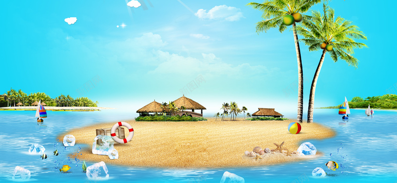 夏天海边出游椰树蓝天景色背景背景