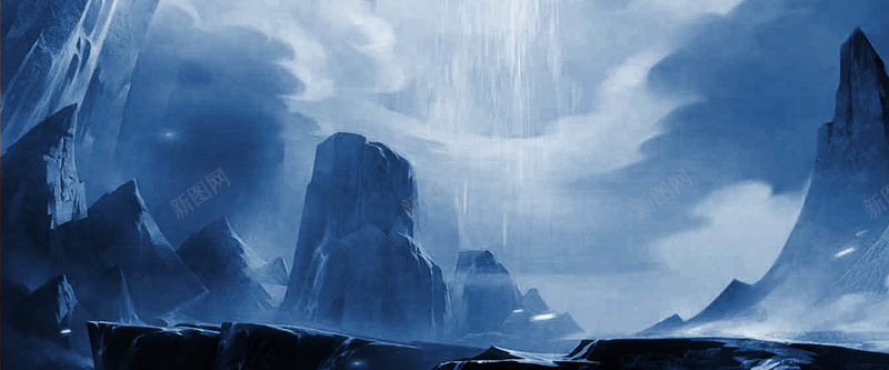 蓝色手绘山洞背景背景
