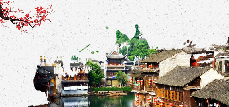 国庆节旅游灰色质感中国风bannerpsd设计背景_新图网 https://ixintu.com banner 中国风 国庆节 旅游 梅花 江南小镇 灰色 质感