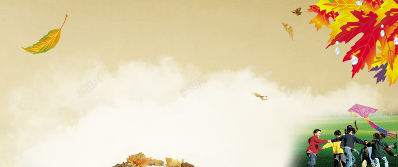 唯美背景图psd_新图网 https://ixintu.com 儿童 摄影 枫叶 海报banner 秋天 美景 风景 风筝