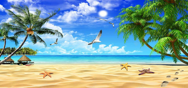 海景图jpg_新图网 https://ixintu.com 亭子 摄影 椰子 椰树 沙滩 海报banner 海星 海鸥 白云 绿色 脚印 蓝天 风景