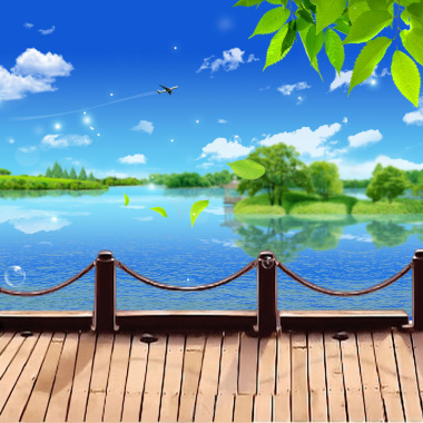 蓝天白云河岸观景台背景摄影图片