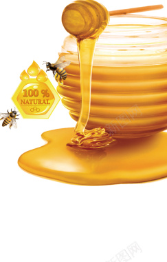 金黄色蜜罐旁的蜜蜂背景摄影图片