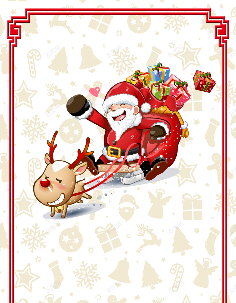 圣诞节促销H5边框背景psd分层psd设计背景_新图网 https://ixintu.com H5背景 h5 促销 图案背景 圣诞树 圣诞老人 圣诞节 拐杖 礼盒 红色边框 质感 雪橇 麋鹿