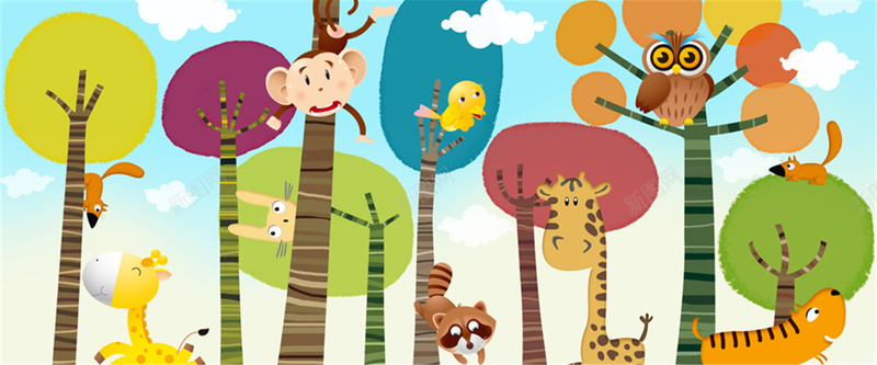 猴子卡通图jpg设计背景_新图网 https://ixintu.com 动物园 卡通 手绘 海报banner 爬树 猴子 童趣