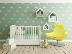 婴儿椅子婴儿床椅子与地板上的礼盒背景高清图片