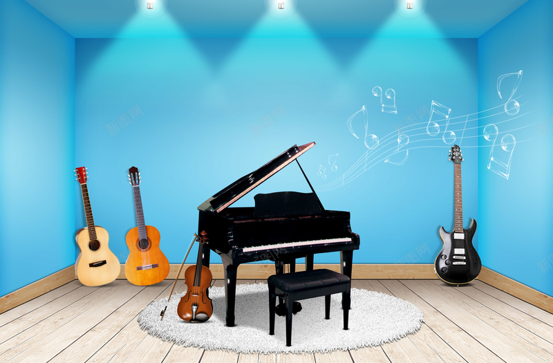 蓝色房间背景psd设计背景_新图网 https://ixintu.com 乐器 小提琴 白色钢琴 空间 素材 背景素材 背景蓝色 蓝色房间 蓝色背景 音乐