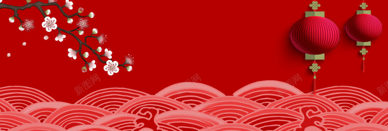 波浪桃花枝条红色灯笼中国风背景背景