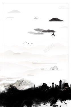 中国建筑海报中国风水墨江山如画广告背景高清图片