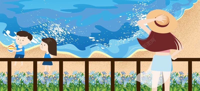 夏天海边度假卡通人物蓝色背景背景