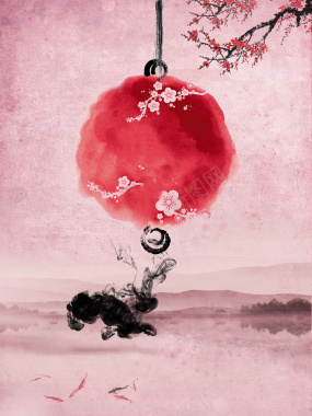 中国风水墨画作红色背景背景