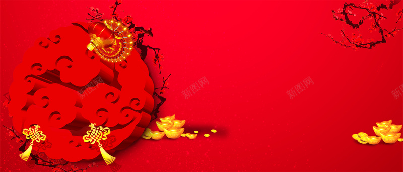 中国风红色背景海报psd设计背景_新图网 https://ixintu.com 中国结 中国风 元宝 梅花 海报 灯笼 祥云 红色 背景 金币