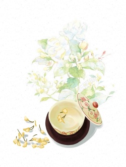 花茶设计展板清新文艺简约手绘茉莉花茶文化海报插画背景高清图片