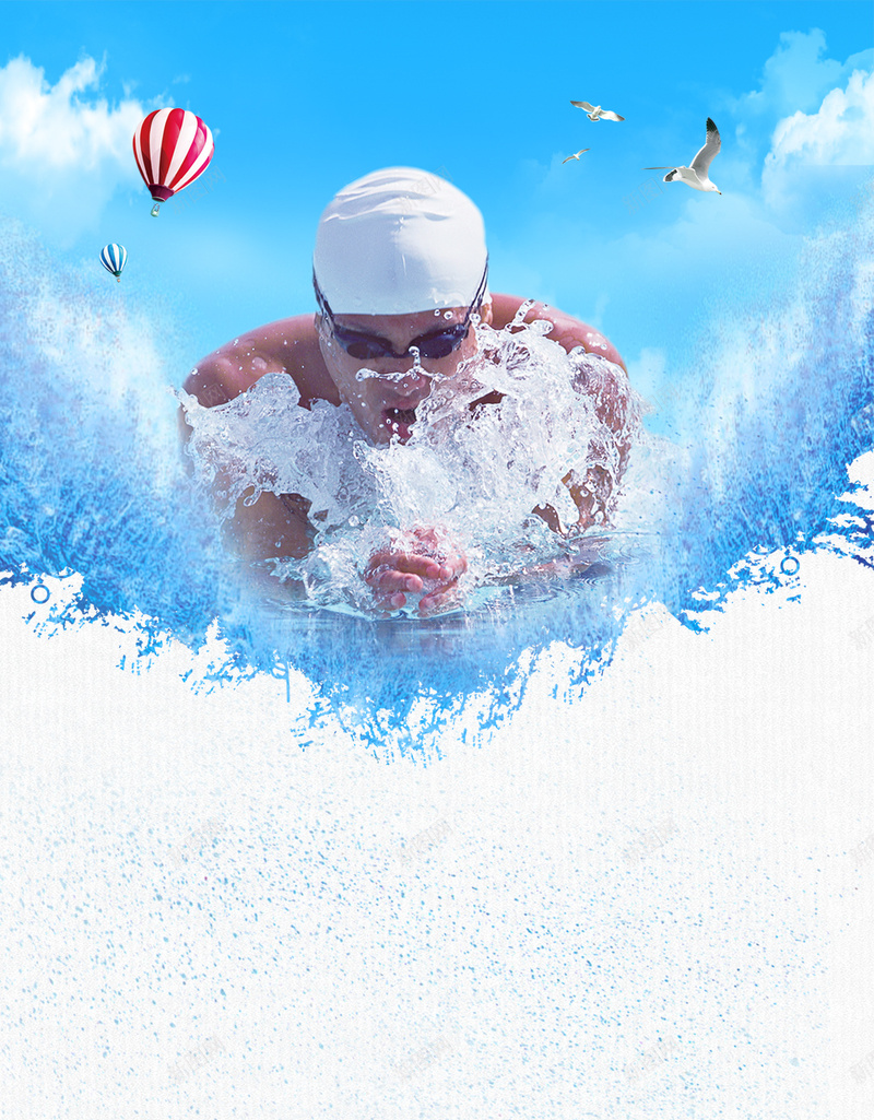 正在游泳冲刺的人psd设计背景_新图网 https://ixintu.com 冲刺 浪花 海鸥 游泳 激情 激烈 热气球 蓝色