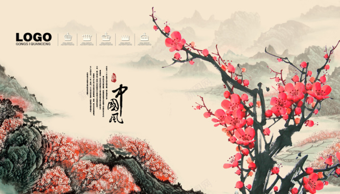 红色中国风山水桃花网页背景背景