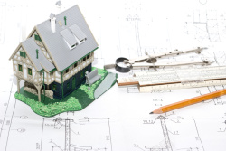 工程案例PPT别墅模型与图纸背景高清图片