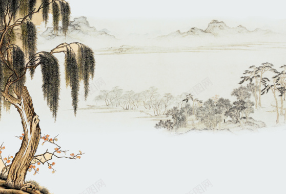 中国风柳树荷花海报背景背景