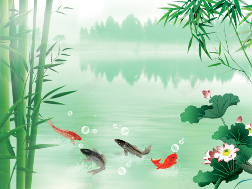 中国风水墨荷花鲤鱼海报背景背景