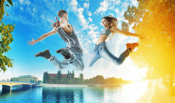 街舞男人夏日跳跃起来的少男少女海报背景高清图片