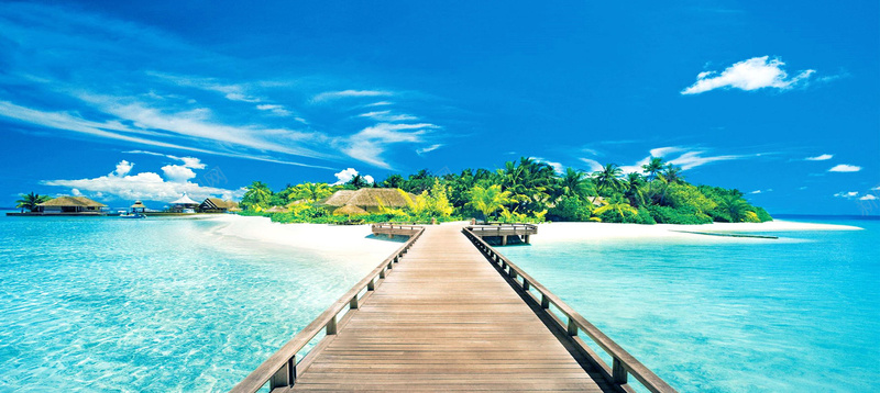 蓝天下的海景jpg_新图网 https://ixintu.com 摄影 椰树林 海上的小岛 海上的木桥 海报banner 白云 草屋 蓝天 风景