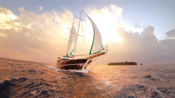 日落海面帆船海报背景背景