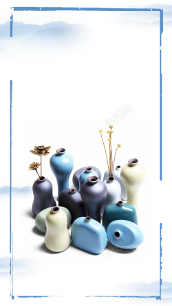陶艺体验陶艺手工坊淡蓝色中国风H5海报背景高清图片
