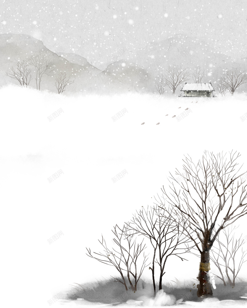 雪天风景psd设计背景_新图网 https://ixintu.com 1月日历 冬季景色 小屋 树木 海报 背景 雪天风景