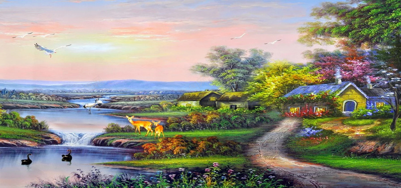 风景油画jpg_新图网 https://ixintu.com 天鹅 小屋 小路 小鹿 摄影 河边 油画 海报banner 溪流 花草 风景 鸟