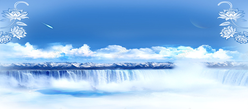 蓝天白云瀑布背景摄影图片