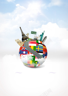 天空创意国旗地球双飞环球旅行海报背景背景