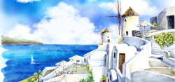 蓝天白云城堡手绘风景背景高清图片