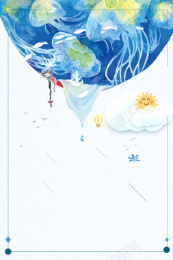 手绘夏日蓝色海洋水母小女孩小清新背景背景