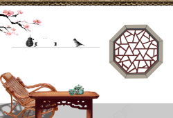 茶杯小鸟中国风古典窗户桌子茶壶茶杯白色背景高清图片